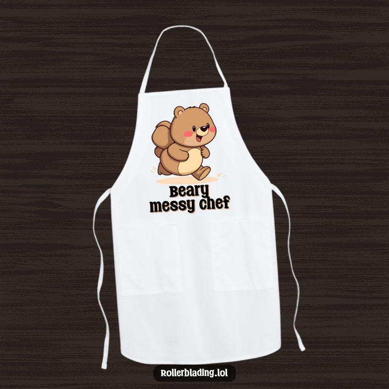Funny apron featuring a proud bear enthusiastically speeding while cooking, adding humor to the kitchen.