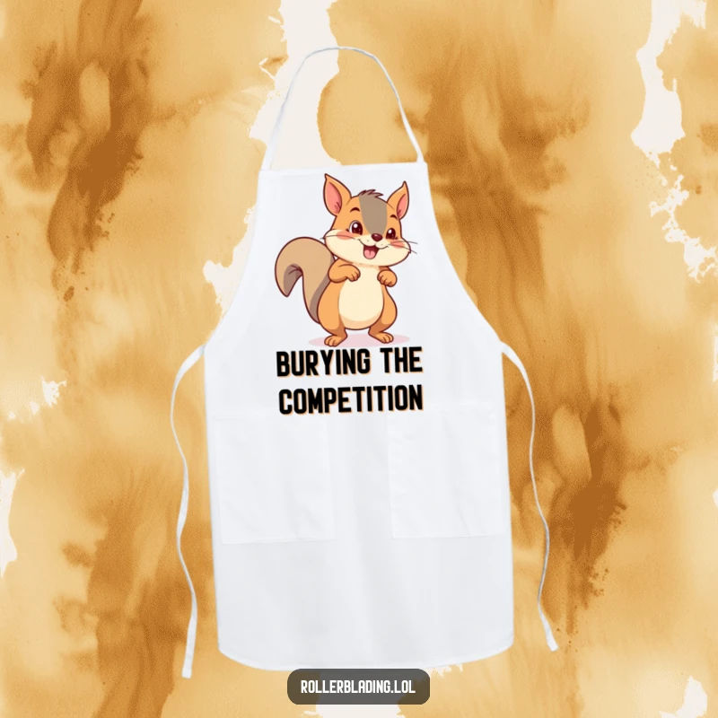 Funny mischievous squirrel pushing off with both feet on roller skates, apron for kitchen use, adding fun.