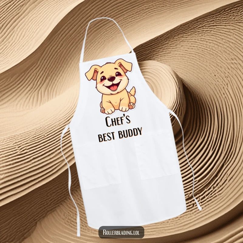Funny pup apron showing a happy dog rolling with a huge grin, ideal for kitchen enthusiasts and dog lovers.