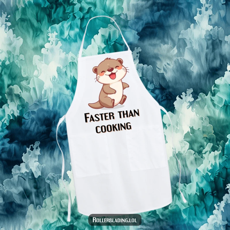 Funny apron showing a joyful otter zipping with a grin, perfect for kitchen adventures and adding a splash of cheerful happiness.