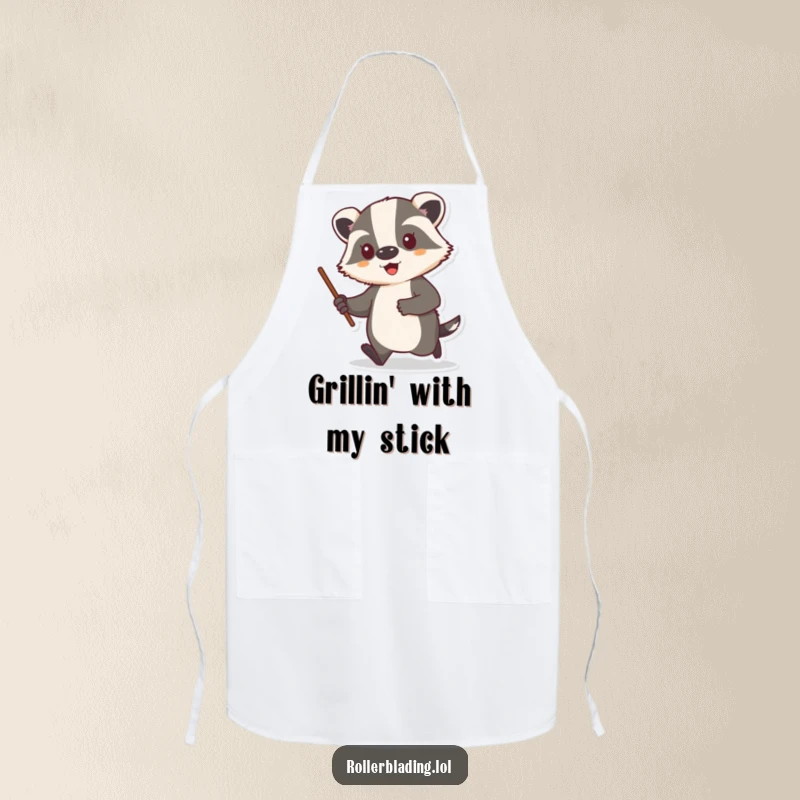 Funny apron with a proud badger cruising in the kitchen, stick ready, making cooking more fun.