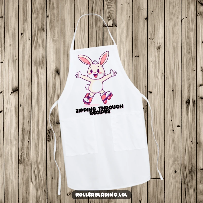 Funny Bunny Apron: A happy bunny skates with gusto on roller skates, arms pumping, perfect for adding a humorous touch to kitchen duties.