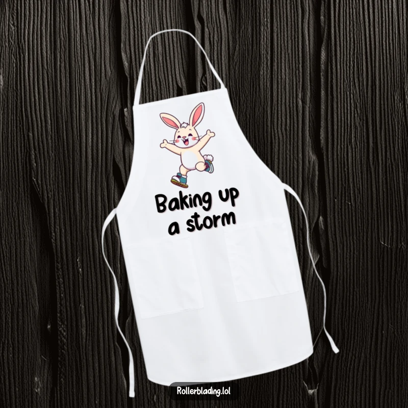 Funny bunny apron featuring a cheerful bunny leaping on roller skates, ready to create tasty treats with a smile.