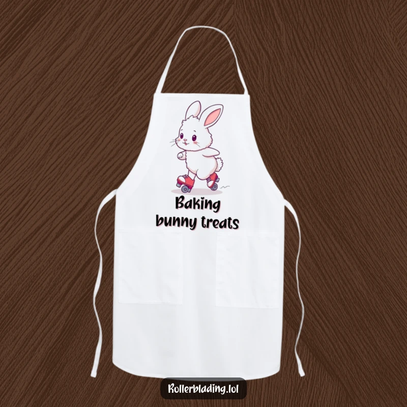Funny fluffy bunny attempting a wobbly turn on roller skates, apron for kitchen use, adding cuteness.