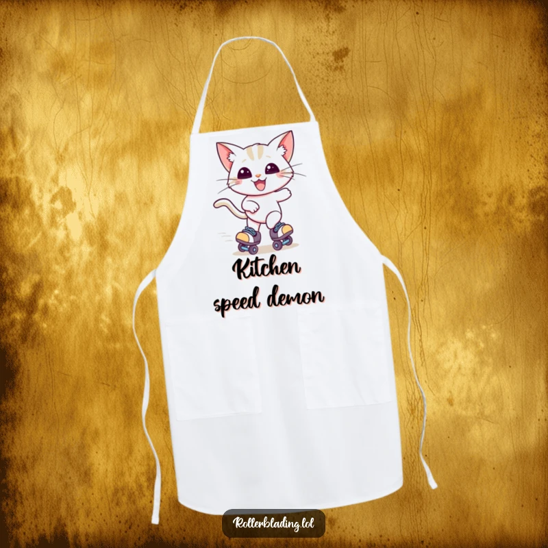 Funny apron design showing a happy cat on roller skates, ears windblown, playfully moving around the kitchen while cooking.