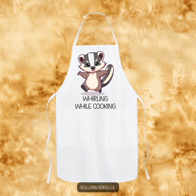 Funny apron showing a graceful badger performing a speedy spin, perfect for kitchen adventures and cooking with a dose of playful energy.