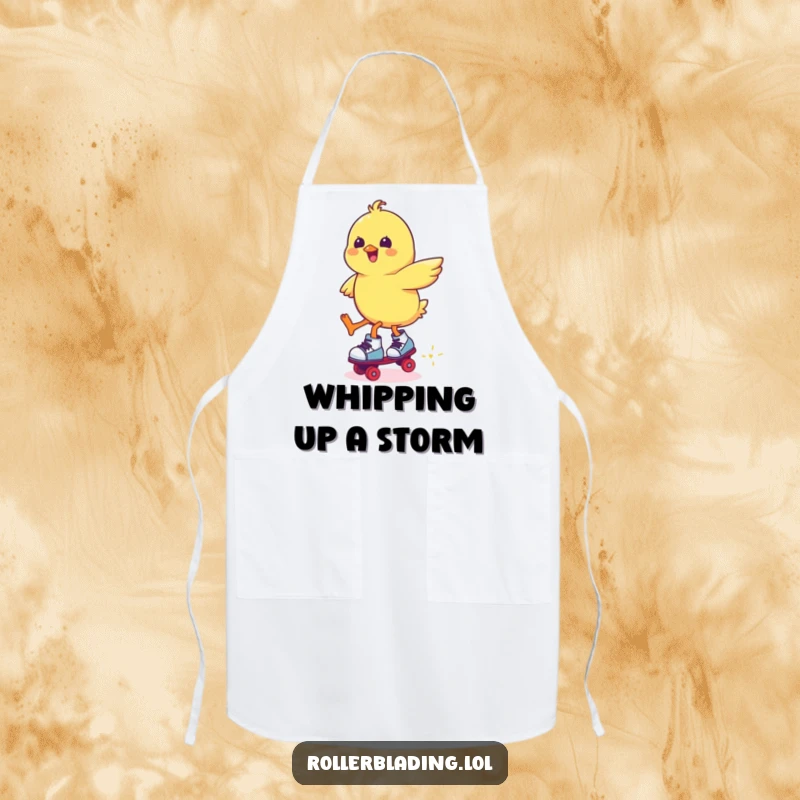 Funny chick in roller skates, mid-jump, apron for kitchen use, adding humor to cooking tasks.