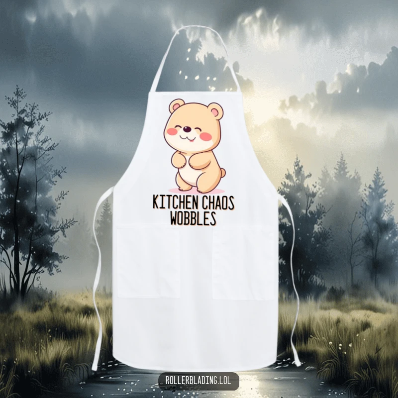 Funny apron depicting a bear giggling uncontrollably and comically wobbling while trying to stop, adding a humorous touch to kitchen activities.