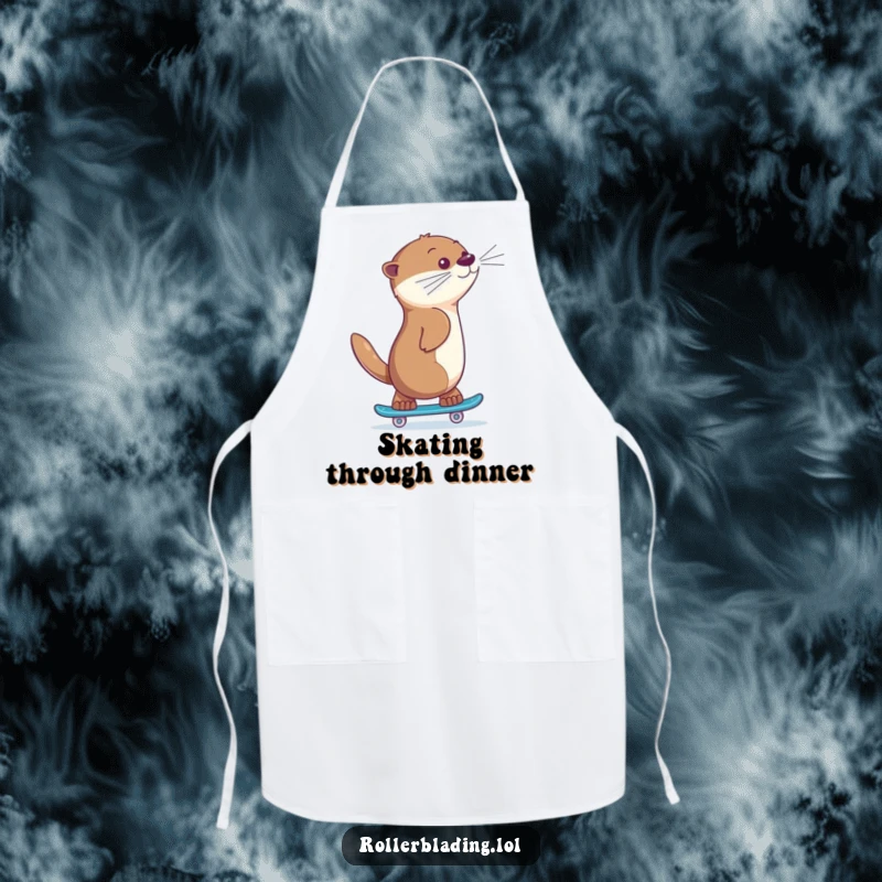 Funny otter skating apron, a giggling animal skating backwards with a proud expression, perfect for kitchen fun and adding a humorous touch.