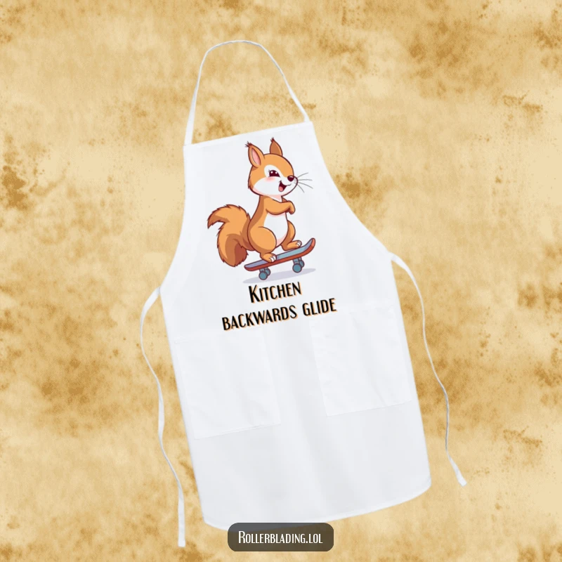 Funny apron showing a proud squirrel confidently skating backwards, ready to help with kitchen tasks with stylish, humorous flair.