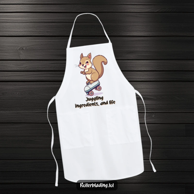 Funny Squirrel Apron: A smiling squirrel hilariously balancing on one roller skate, perfect for a fun and practical kitchen accessory.