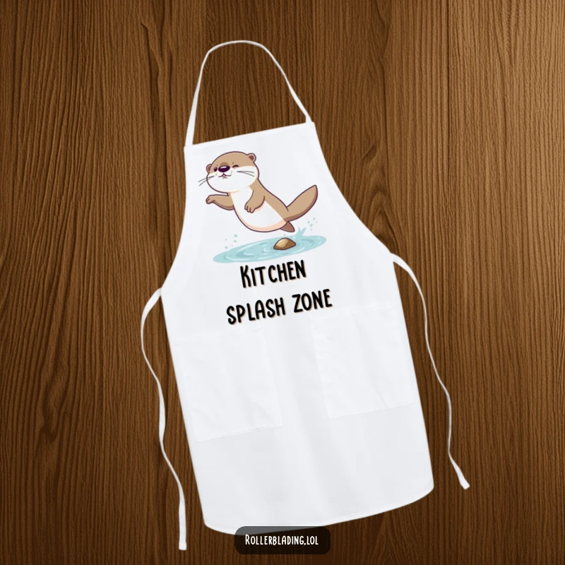 Funny apron depicting a giggling otter comically attempting a daring jump and landing with a wobble, ideal for active chefs.