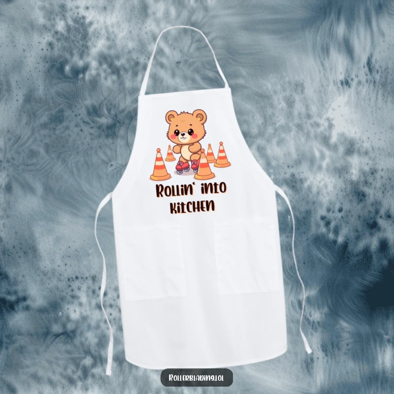 Funny bear cub roller skating with cones, a humorous and practical apron for kitchen fun.