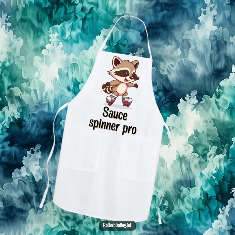 Funny apron with a mischievous raccoon spinning on roller skates. Perfect for kitchen fun.