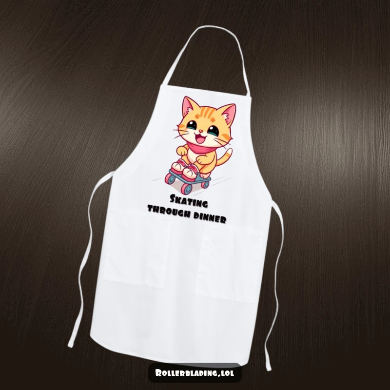 Funny roller skating cat apron: A joyful cat zips down a ramp on roller skates, adding a humorous touch to kitchen duties.