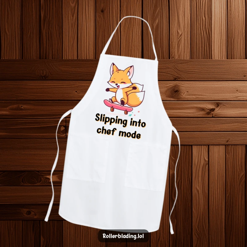 Funny apron with a cool fox performing a skateboard trick, perfect for adding humor to kitchen activities and protecting clothes.