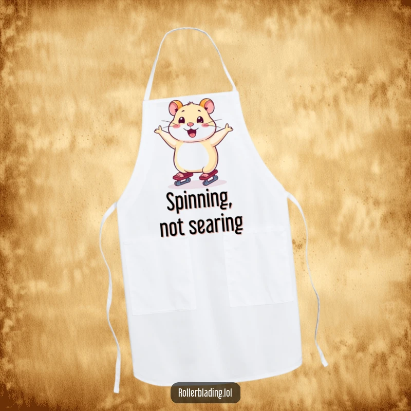 Funny apron showing a smiling hamster performing a graceful skate with arms outstretched, ideal for kitchen fun.
