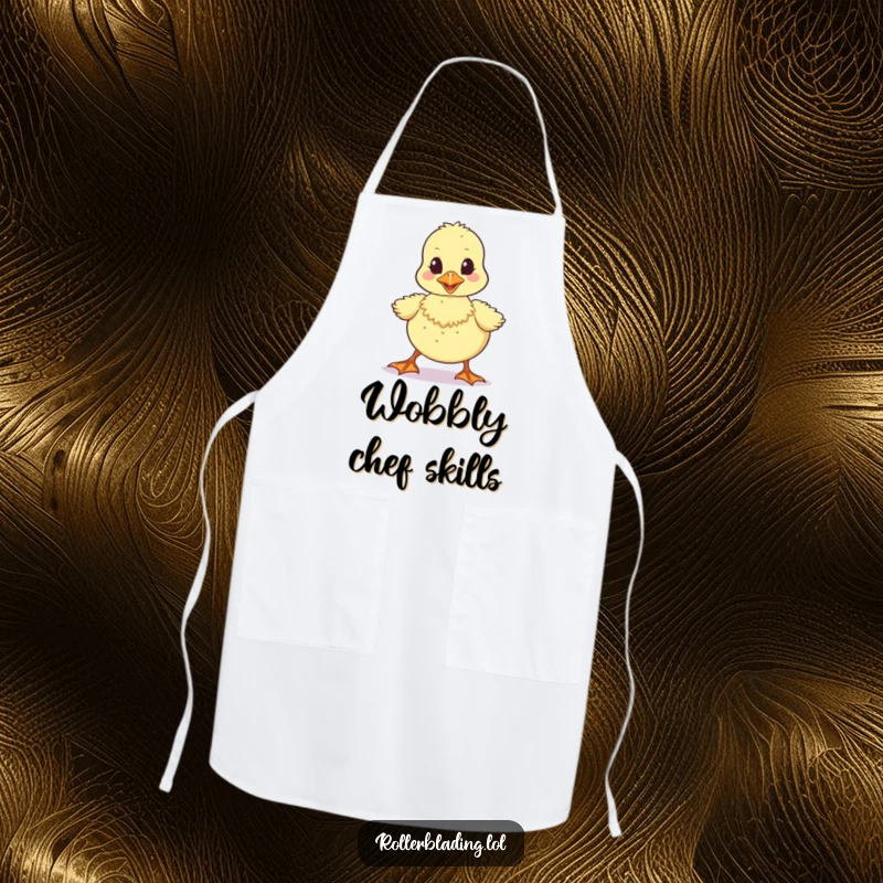 Funny apron depicting a wobbly duckling walking unsteadily, perfect for a humorous and adorably clumsy kitchen.