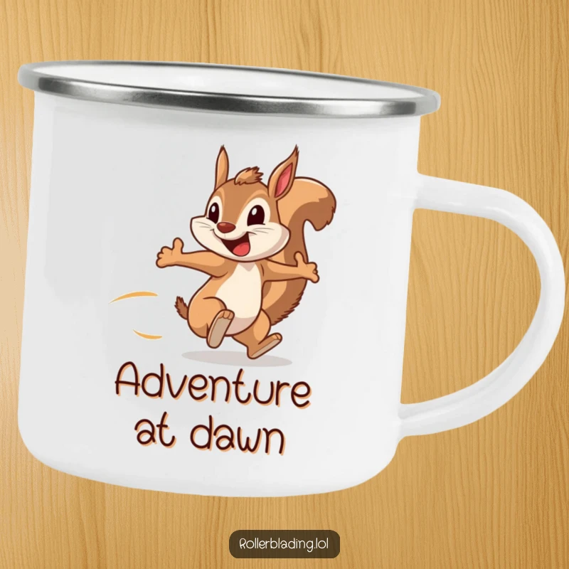 Funny camping mug with a squirrel speeding along, arms pumping with a big grin, ideal for outdoor humor and energy.