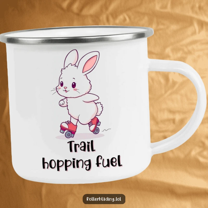 Funny fluffy bunny attempting a wobbly turn on roller skates, durable camping mug for drinks.