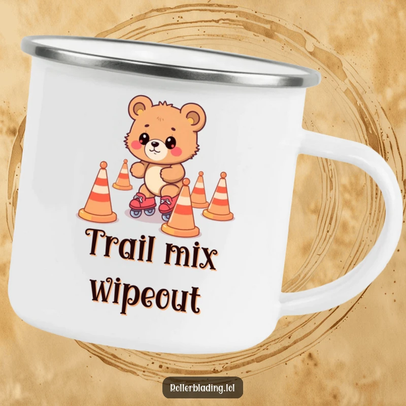 Funny bear cub roller skating through cones, a humorous camping mug for outdoor enthusiasts.