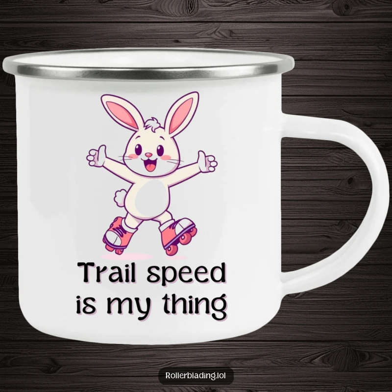 Funny Bunny Camping Mug: A cheerful bunny zooms on roller skates, arms pumping, ready for any adventure with a dose of humorous energy.