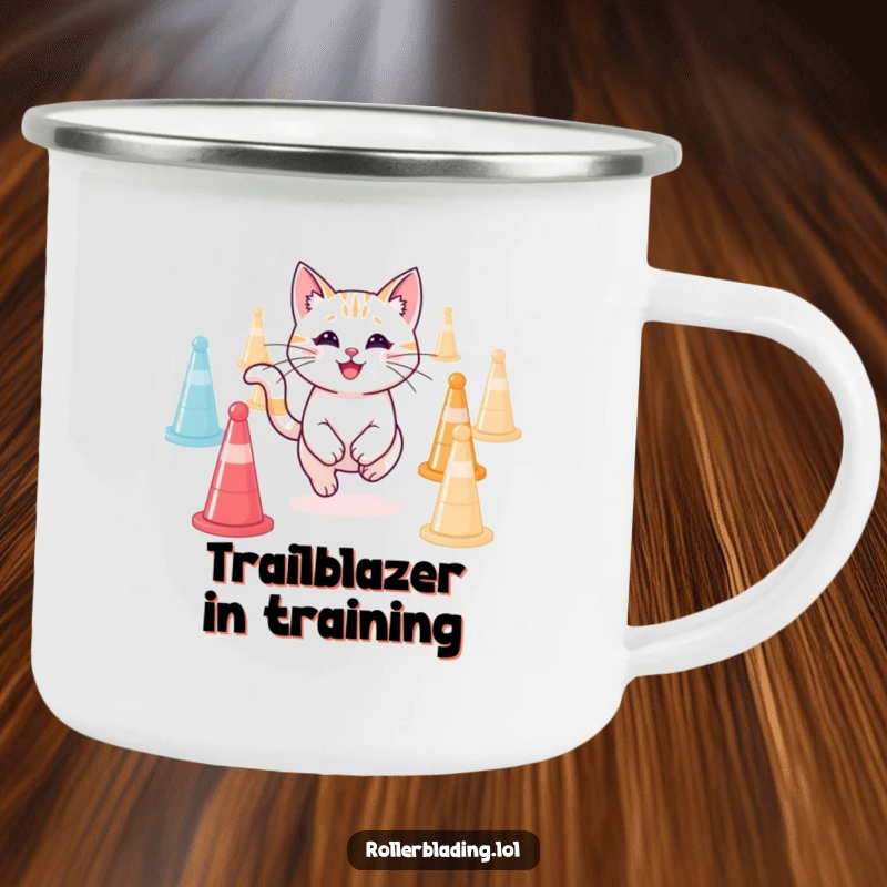 Funny smiling cat performing agility feats on a sturdy camping mug, ideal funny gift for outdoor lovers.