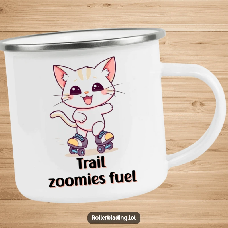 Funny camping mug showing a happy cat zooming on roller skates, ears windblown, ideal for outdoor enthusiasts who love speed and cats.