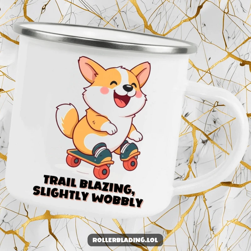 Funny Corgi Camping Mug: A corgi gleefully roller skating, radiating energetic fun and happiness, perfect for rugged adventures.