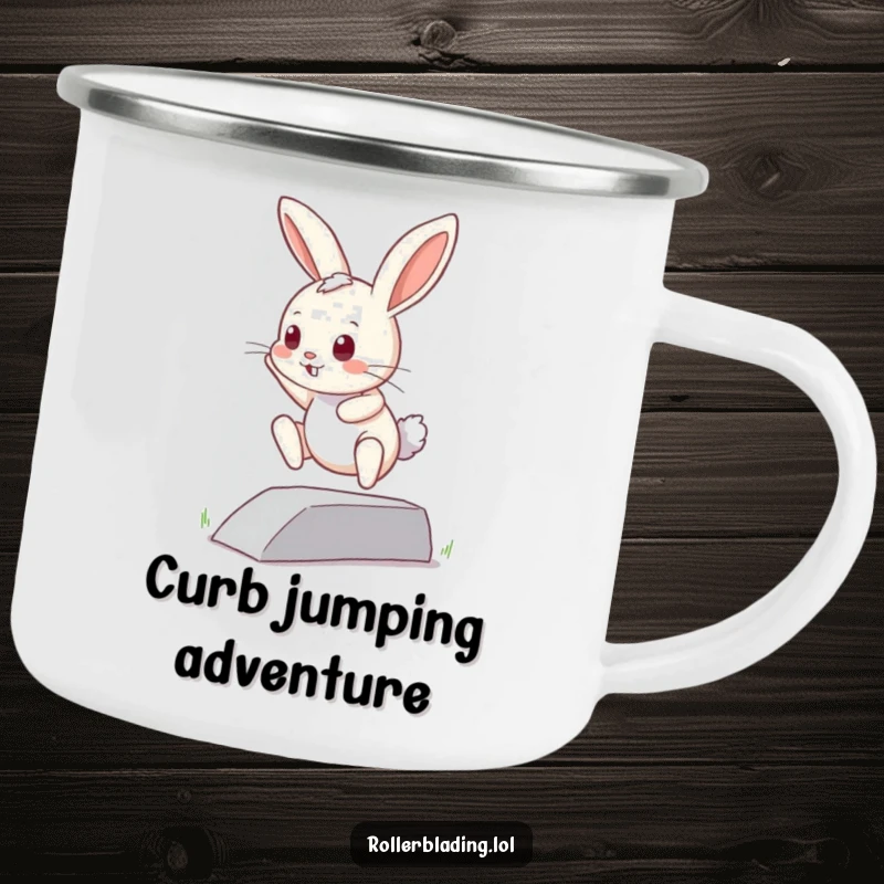 Funny curious bunny camping mug: A small bunny attempts a jump off a curb, ready for adventure and hot beverages.