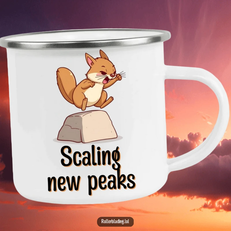 Funny camping mug with a determined squirrel jumping over a ramp, perfect for sipping drinks outdoors with a motivational, humorous spirit.