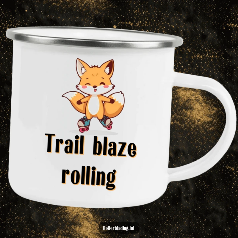 Funny Fox Camping Mug: A rugged mug with a curious fox doing a playful hop on roller skates, perfect for enjoying the outdoors.