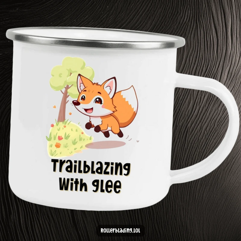 Funny grinning fox camping mug: A playful fox speeds down a path with a grin, ready for adventure and hot beverages.