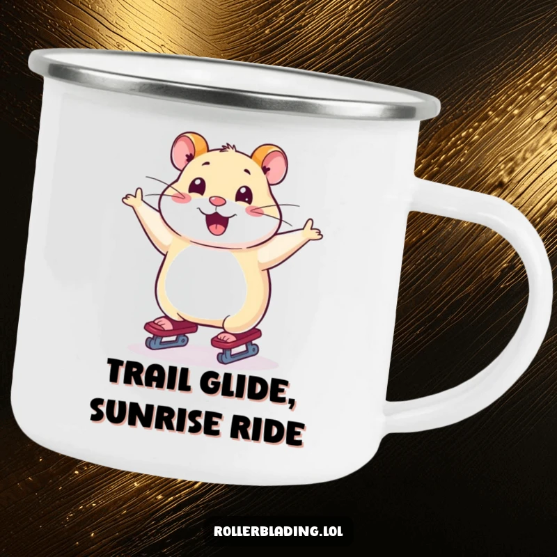 Funny camping mug with a smiling hamster skating gracefully with arms out, perfect for adventure lovers.