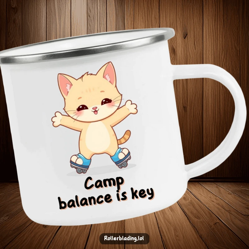 Funny Kitten Camping Mug: A happy kitten wobbles on roller skates, arms outstretched for balance, ready for adventure with adorable humor.