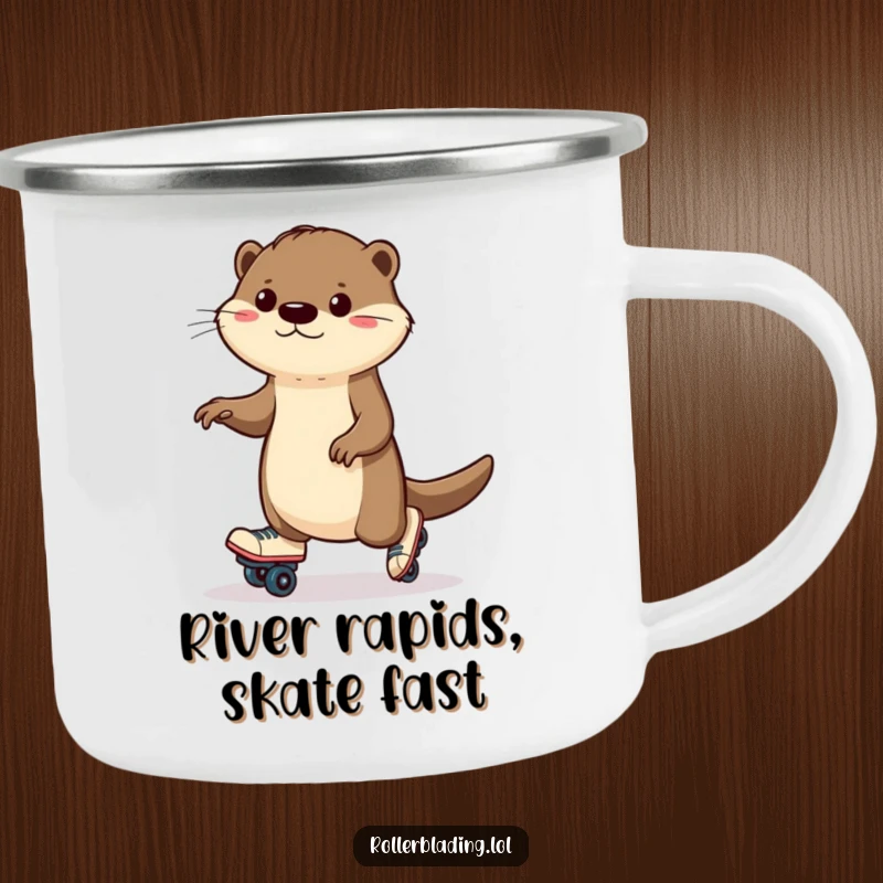 Funny otter camping mug featuring a determined otter wobbling on roller skates, ready for outdoor adventures and a laugh.