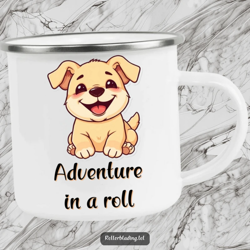 Funny pup camping mug depicting a joyful dog rolling with a wide grin, great for outdoor dog lovers.