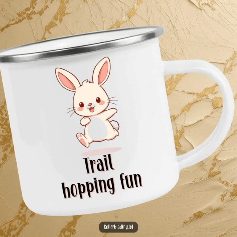 Funny camping mug featuring a playful rabbit comically bouncing with pumping legs, perfect for active campers.