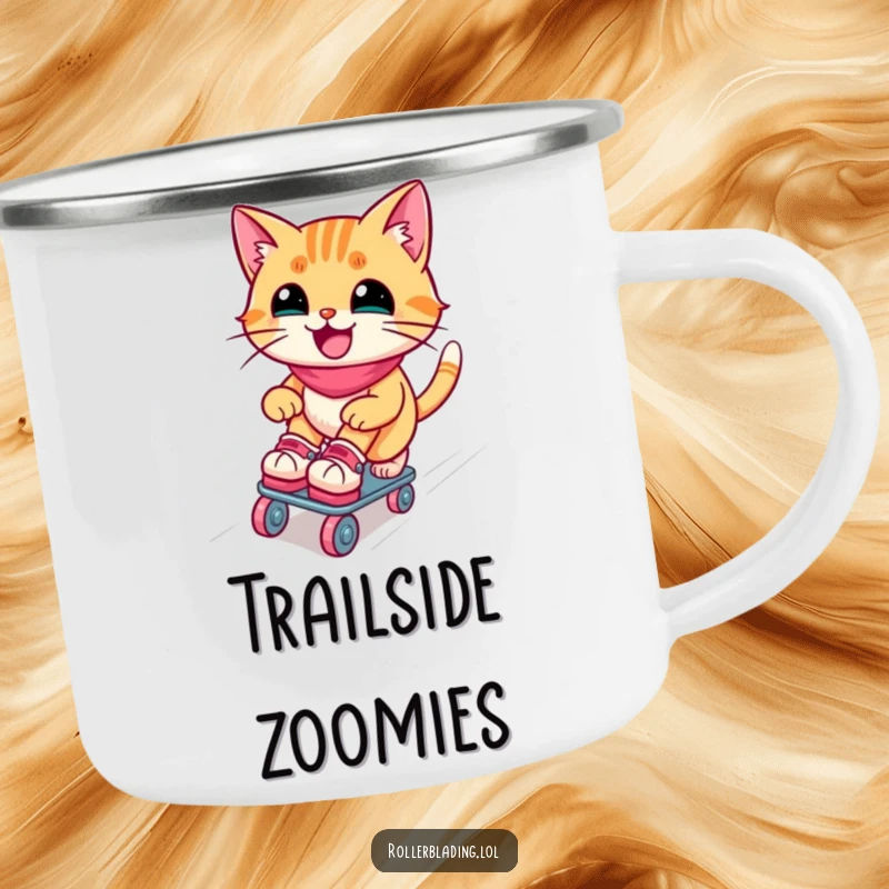 Funny roller skating cat camping mug: A joyful cat conquers a ramp on roller skates, ready for adventure and hot beverages.