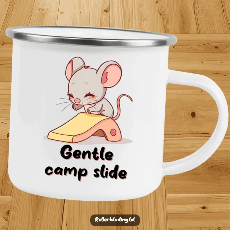 Funny camping mug featuring a shy mouse comically attempting a gentle slide, perfect for calm outdoor moments.