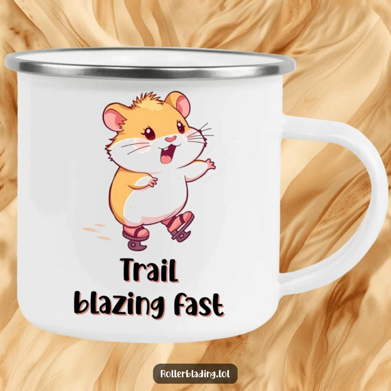 Funny camping mug with a hamster on tiny skates, zooming forward with delight, ideal for outdoor fun and humor.