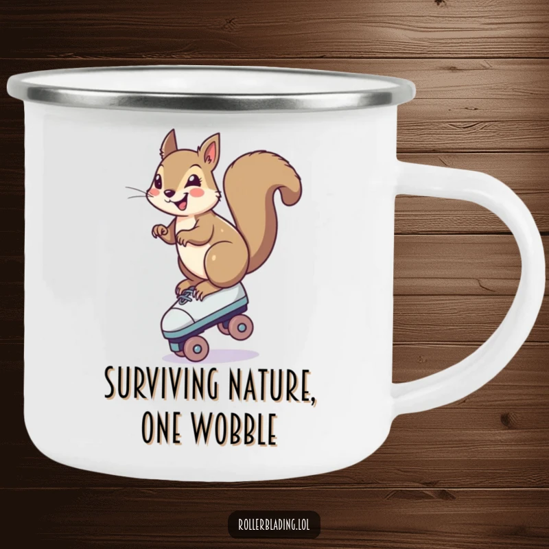 Funny Squirrel Camping Mug: A smiling squirrel hilariously balancing on one roller skate, perfect for rugged adventures and outdoor fun.