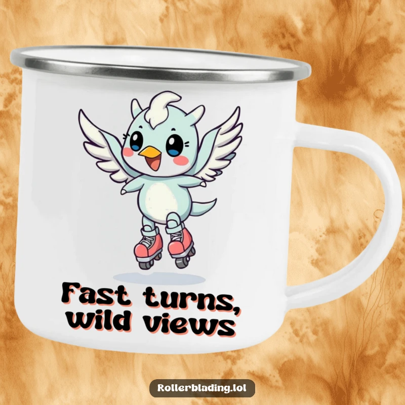 Funny camping mug with a cheerful, winged creature doing a speed turn on roller skates, for outdoor fun.