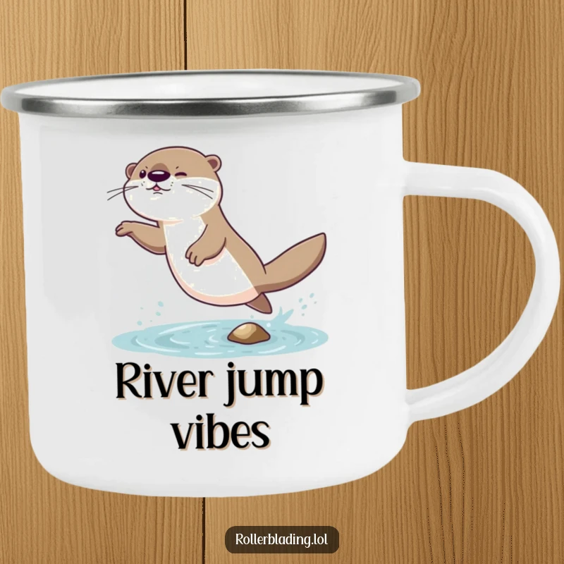 Funny camping mug featuring a giggling otter comically attempting a daring jump and landing with a wobble, perfect for outdoor fun.
