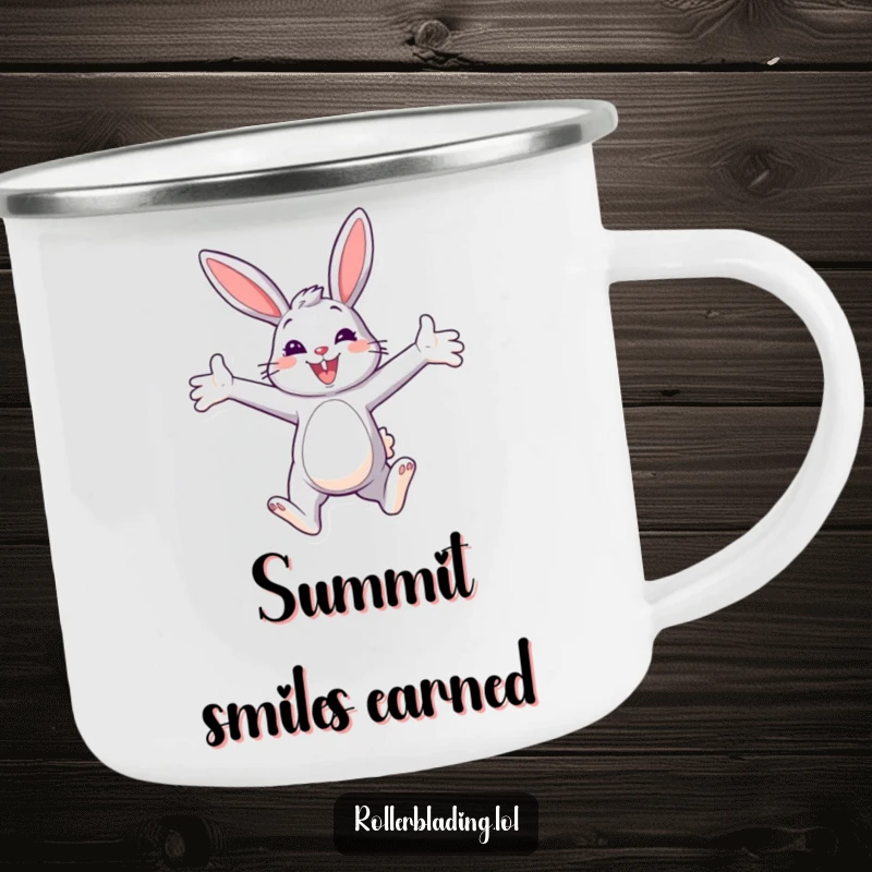 Funny Bunny Paraglider Camping Mug showing a smiling bunny paragliding with open arms, ideal for outdoor enjoyment.