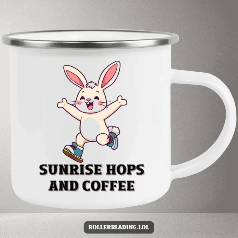 Funny bunny camping mug featuring a cheerful bunny leaping on roller skates, ready for outdoor fun and a laugh.