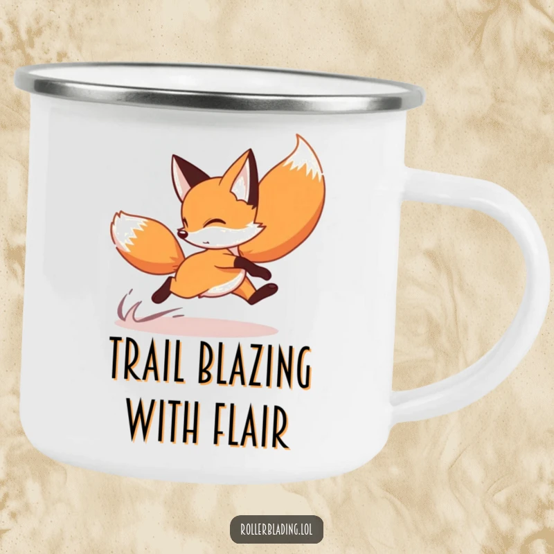 Funny fox camping mug featuring a playful fox doing a speedy crossover turn on roller skates, ready for adventures.