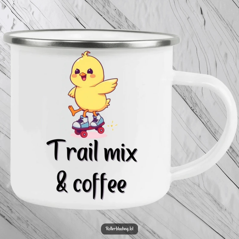 Funny chick on roller skates, mid-jump, durable camping mug for hot or cold drinks, outdoor adventures.