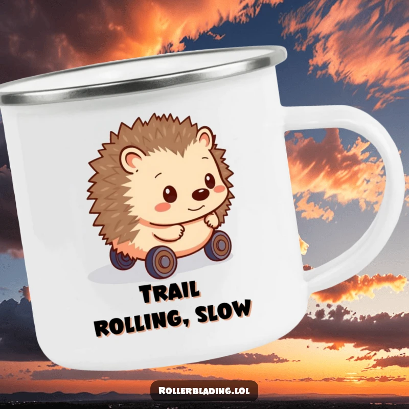 Funny Hedgehog Camping Mug: A shy hedgehog cautiously rolls into the great outdoors on hesitant wheels, ready for adventure.