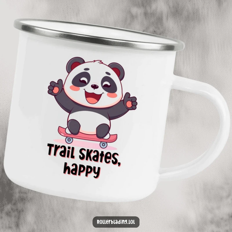 Funny Panda Camping Mug: A joyful panda skates with a wide, beaming smile, ready for outdoor adventures and warm drinks.